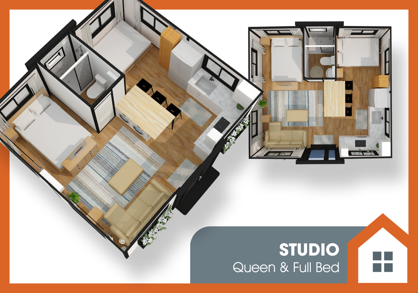 2 Bed Studio Suite 3D floor plan